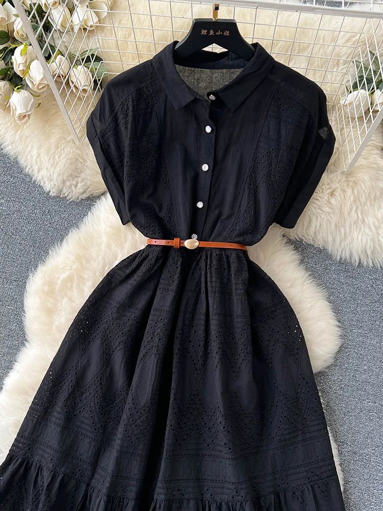 Robe d'été longue à lacets pour femmes, ample, boutonnage, avec ceinture, col chemise plissée et Patchwork, D4072