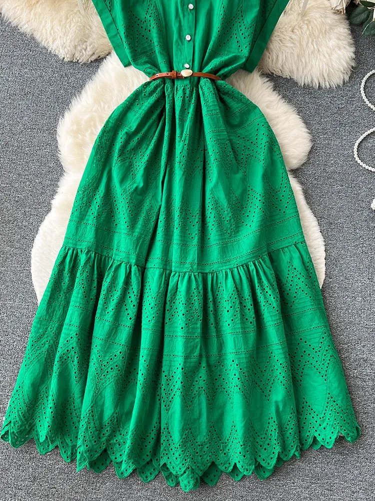 Robe d'été longue à lacets pour femmes, ample, boutonnage, avec ceinture, col chemise plissée et Patchwork, D4072