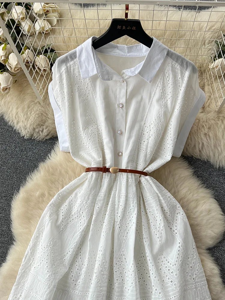 Robe d'été longue à lacets pour femmes, ample, boutonnage, avec ceinture, col chemise plissée et Patchwork, D4072