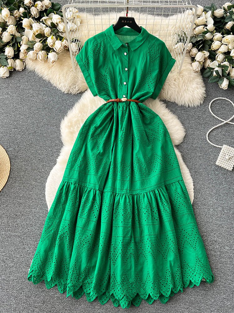 Robe d'été longue à lacets pour femmes, ample, boutonnage, avec ceinture, col chemise plissée et Patchwork, D4072