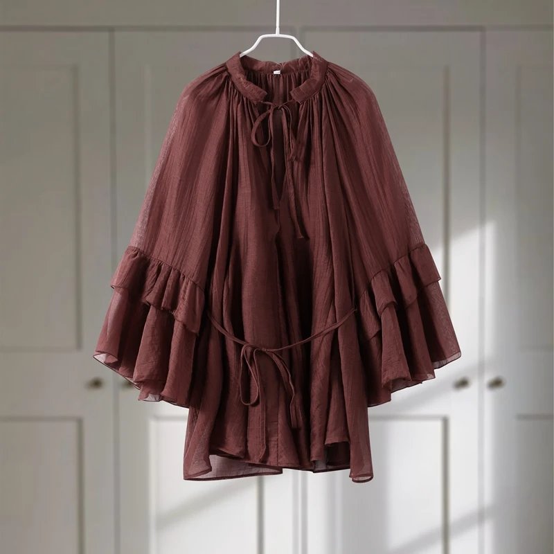 Mini Robe à volants pour femmes, ample, col rond, manches longues, couleur unie, douce, à lacets, ajourée, printemps 2025