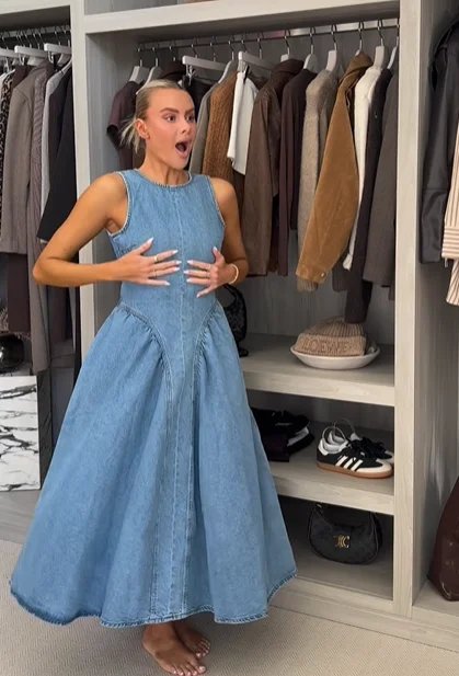 Robe en jean décontractée, col rond, dos nu, sans manches, taille haute, ample, fermeture éclair, été, haute rue, vêtements solides, Sexy