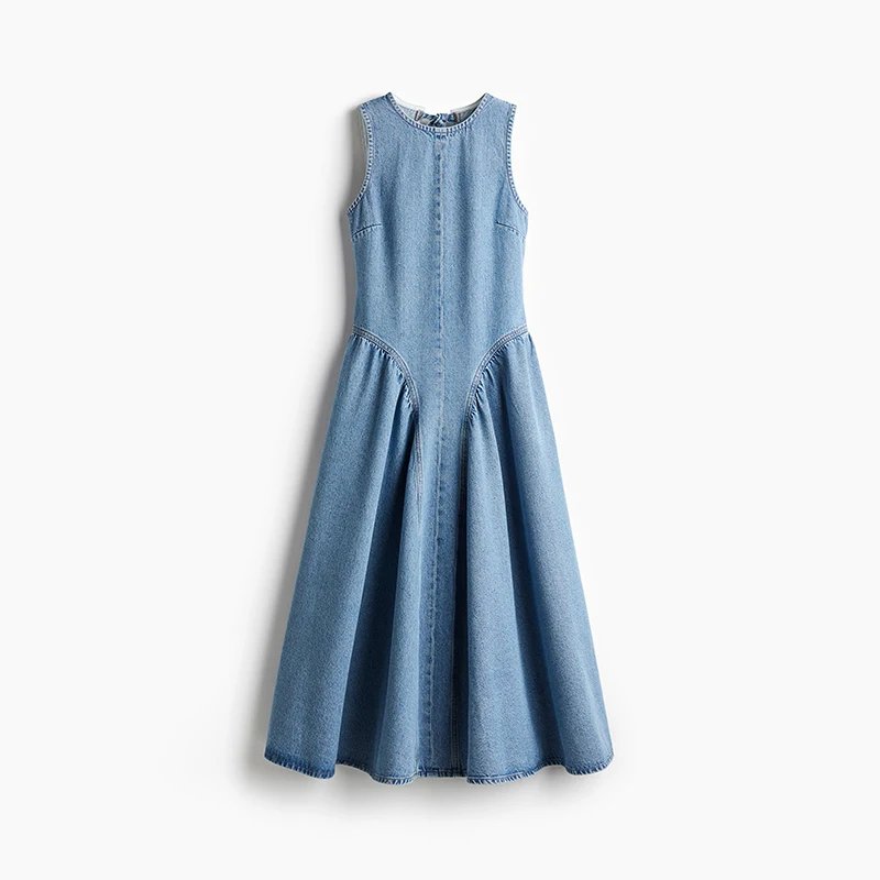Robe en jean décontractée, col rond, dos nu, sans manches, taille haute, ample, fermeture éclair, été, haute rue, vêtements solides, Sexy