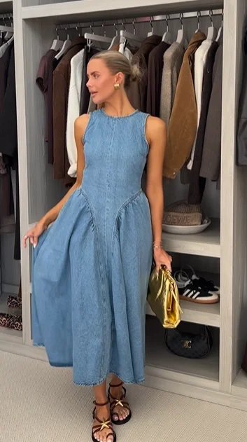 Robe en jean décontractée, col rond, dos nu, sans manches, taille haute, ample, fermeture éclair, été, haute rue, vêtements solides, Sexy