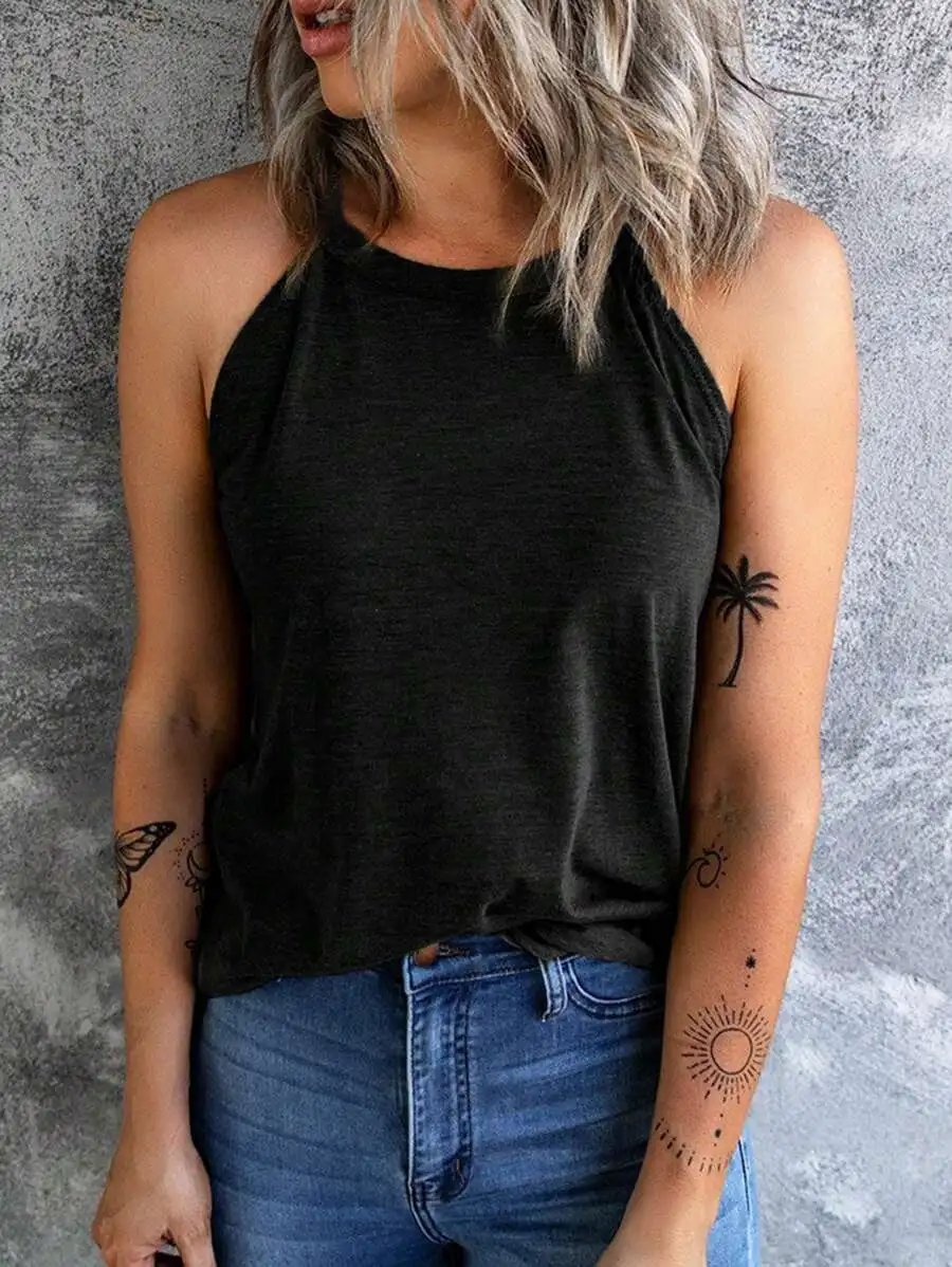 T-shirt d'été sans manches pour femmes, col rond, débardeur d'entraînement, chemises décontractées unies