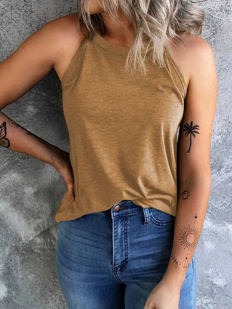 T-shirt d'été sans manches pour femmes, col rond, débardeur d'entraînement, chemises décontractées unies