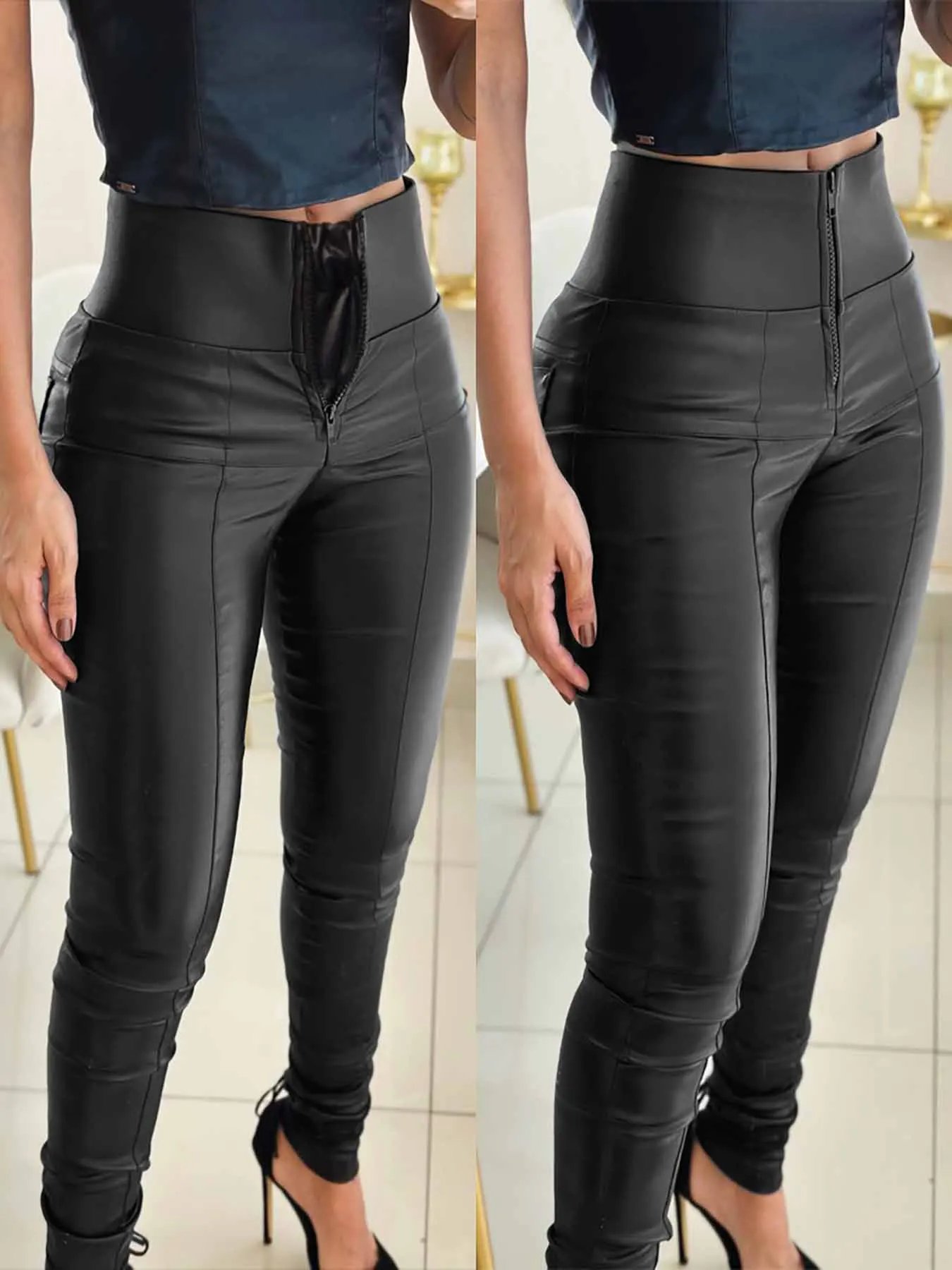 Pantalon en cuir PU taille haute avec fermeture éclair pour femme, leggings coupe slim, pantalon anti-pincement de l'abdomen, document solide