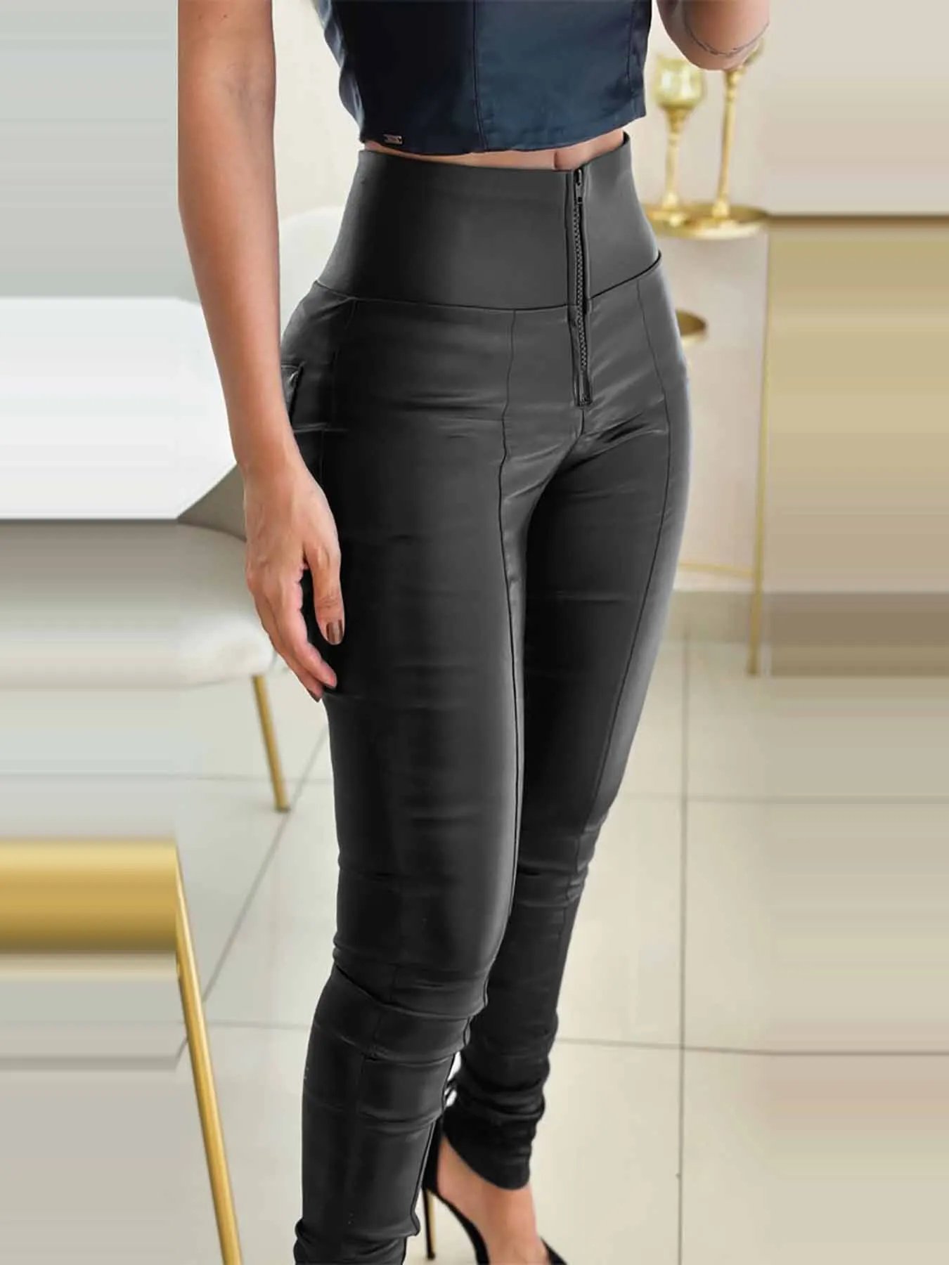 Pantalon en cuir PU taille haute avec fermeture éclair pour femme, leggings coupe slim, pantalon anti-pincement de l'abdomen, document solide