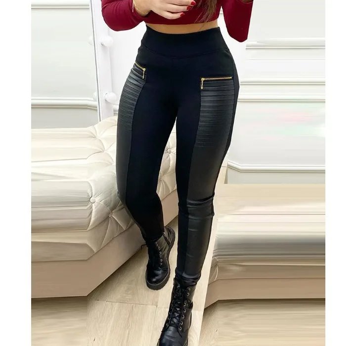 Pantalon slim en cuir pour femmes, Streetwear, détail de fermeture éclair contrastée, nouvelle mode élégante, bas décontracté, printemps 2024