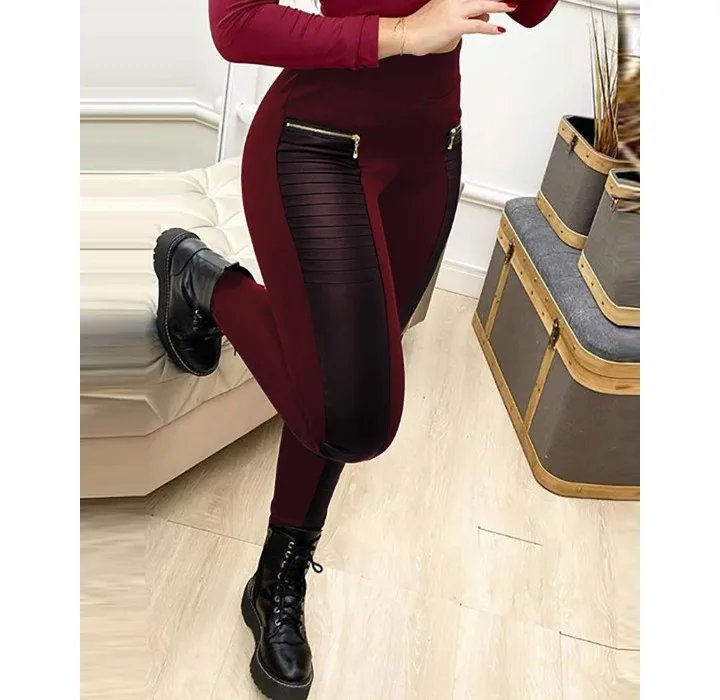 Pantalon slim en cuir pour femmes, Streetwear, détail de fermeture éclair contrastée, nouvelle mode élégante, bas décontracté, printemps 2024