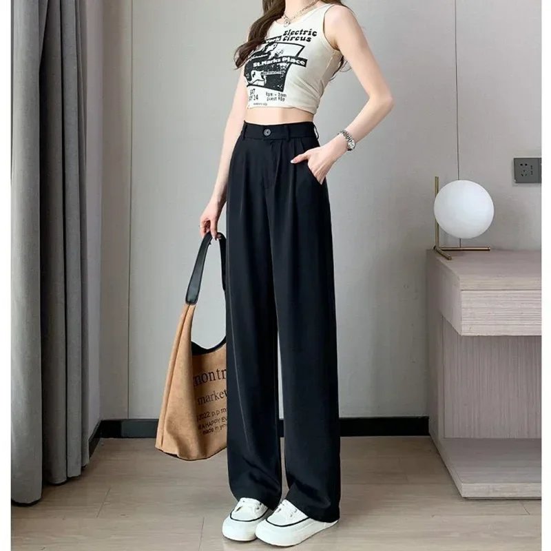 Femmes pleine longueur pantalon dame Baggy taille haute jambe large couleur unie pantalon dame jambe droite maman classique bureau pantalon pantalons