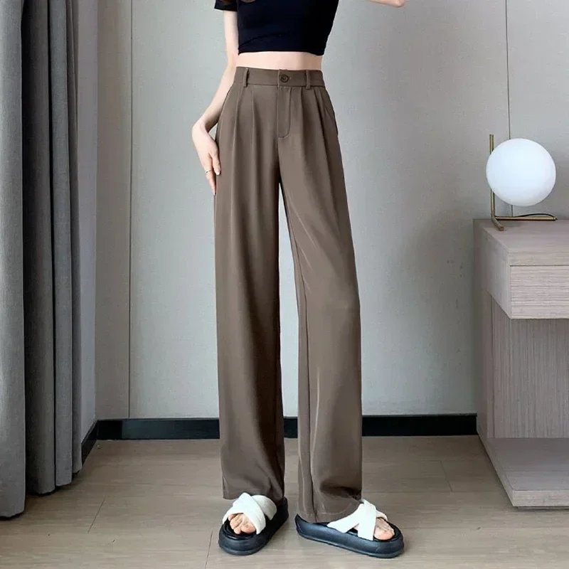 Femmes pleine longueur pantalon dame Baggy taille haute jambe large couleur unie pantalon dame jambe droite maman classique bureau pantalon pantalons