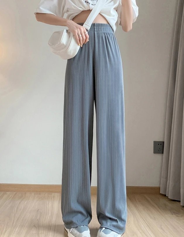Ice InjWide Leg Pants pour femmes, coréen, mince, mousseline de soie, taille haute, Saggy adt, droit, décontracté, mode fjgy, printemps, été, 2024