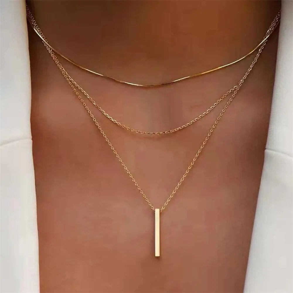 Collier pendentif barre en métal superposé Vintage pour femmes, usage quotidien, couleur or, chaîne de clavicule réactionnelle, bijoux