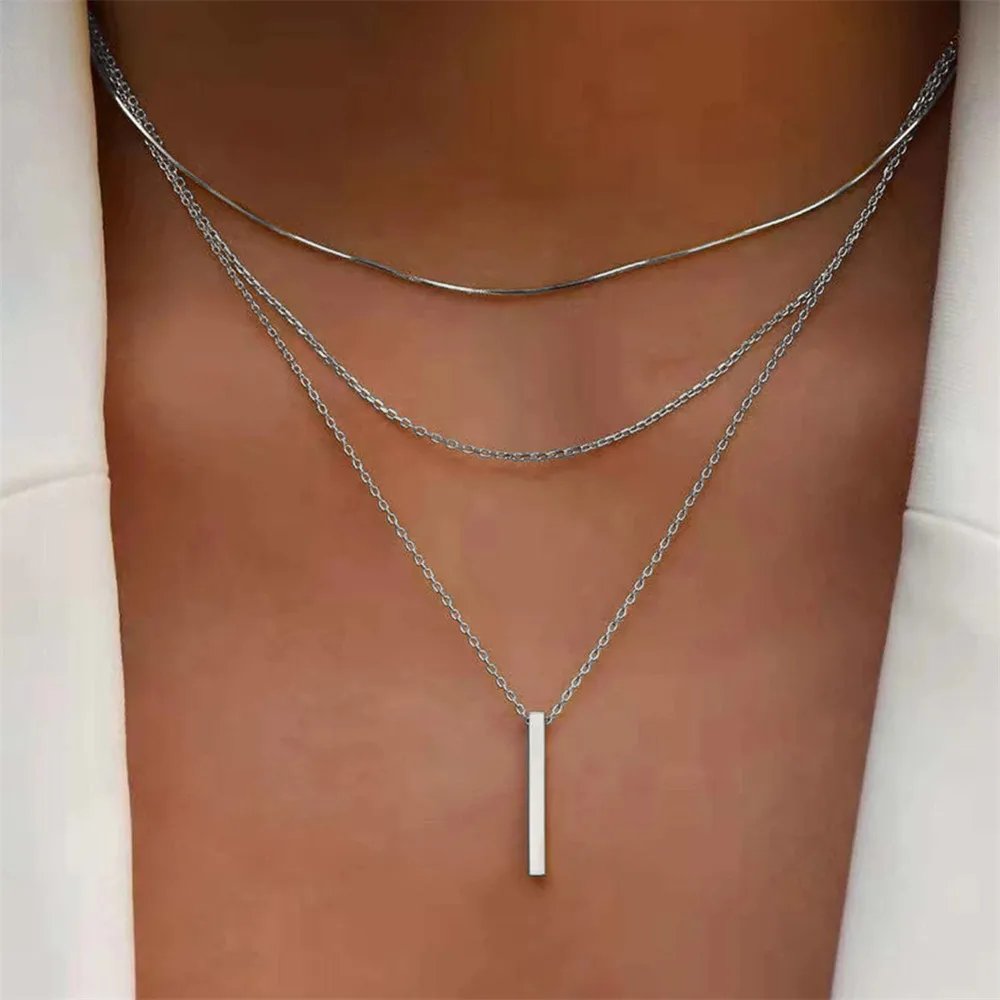 Collier pendentif barre en métal superposé Vintage pour femmes, usage quotidien, couleur or, chaîne de clavicule réactionnelle, bijoux