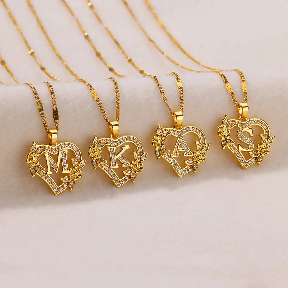 Colliers avec initiales de cœur et de fleur en Zircon pour femmes, en acier inoxydable, pour amoureux du cœur, couleur or, chaîne avec lettres, bijoux