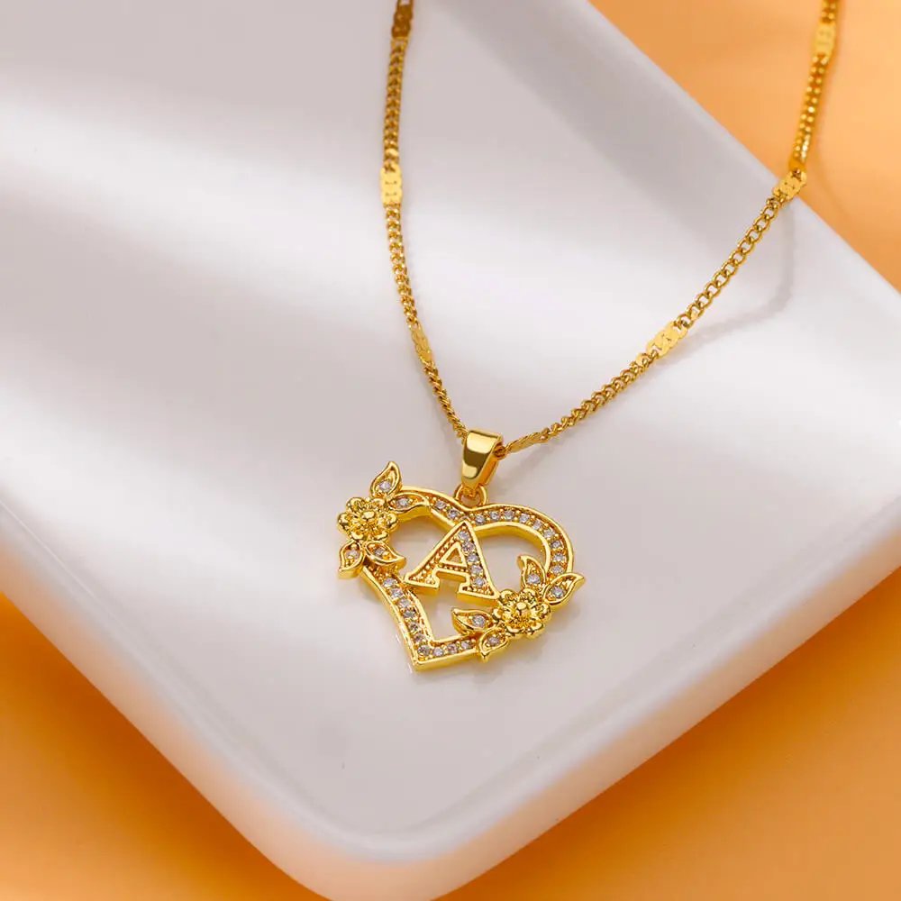 Colliers avec initiales de cœur et de fleur en Zircon pour femmes, en acier inoxydable, pour amoureux du cœur, couleur or, chaîne avec lettres, bijoux