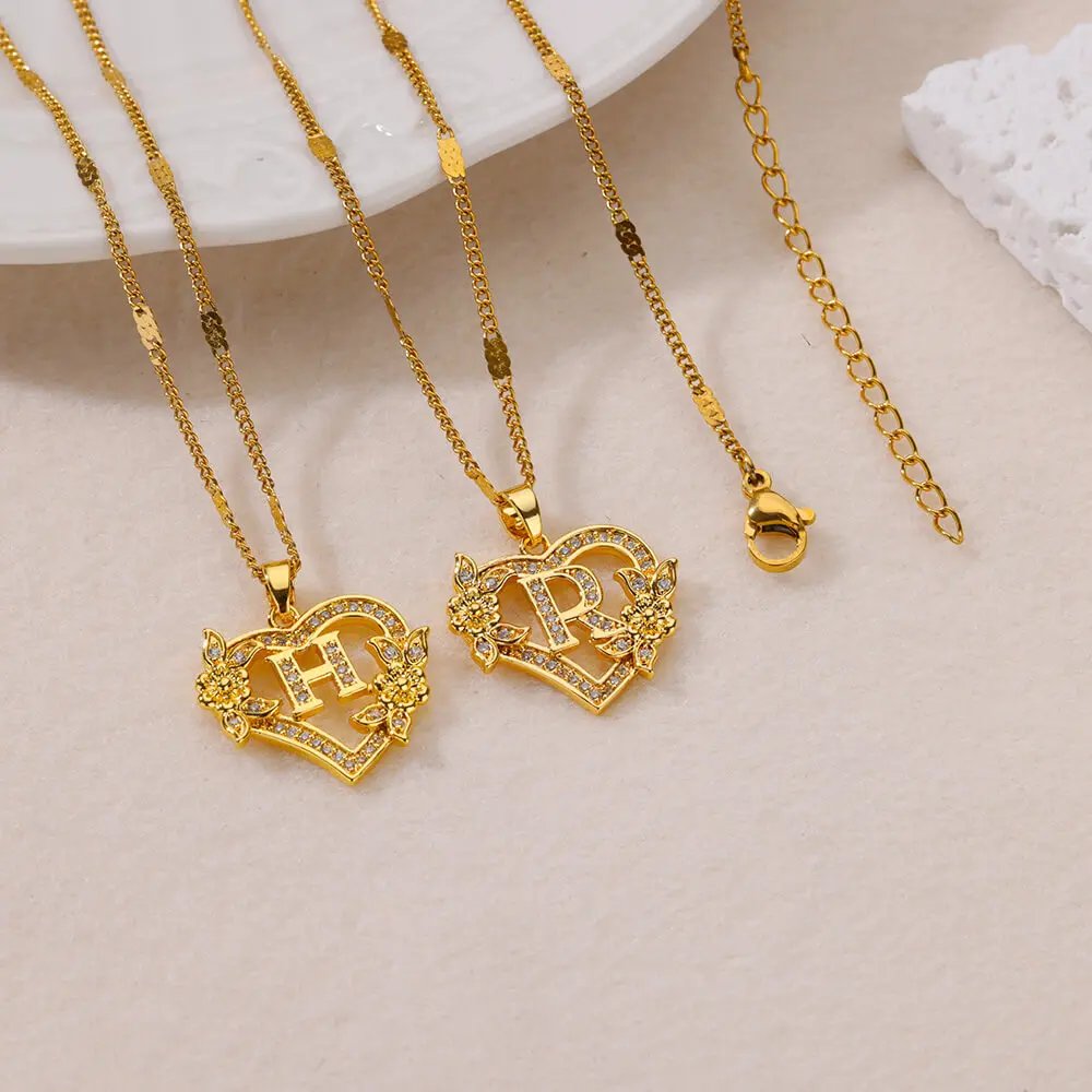 Colliers avec initiales de cœur et de fleur en Zircon pour femmes, en acier inoxydable, pour amoureux du cœur, couleur or, chaîne avec lettres, bijoux