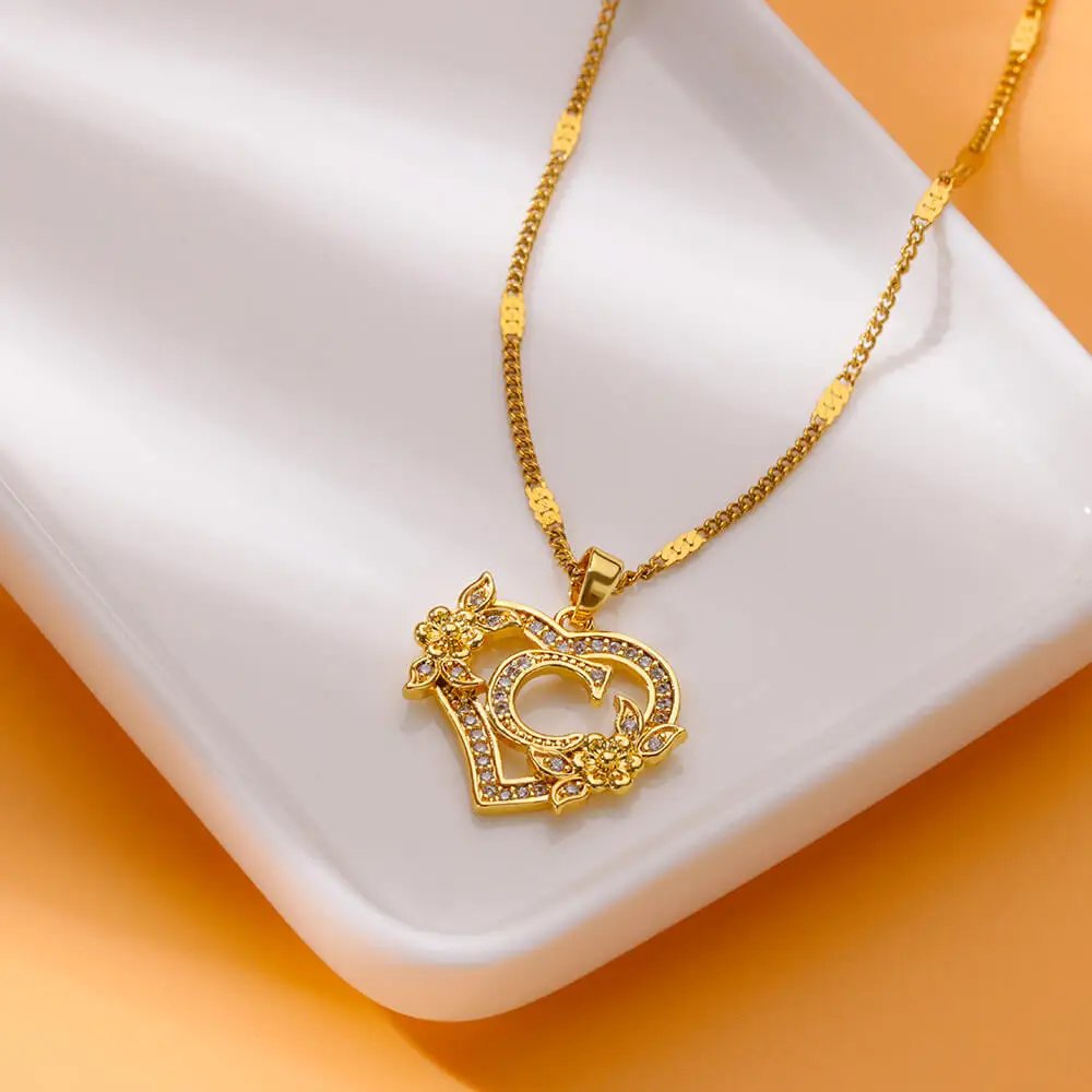 Colliers avec initiales de cœur et de fleur en Zircon pour femmes, en acier inoxydable, pour amoureux du cœur, couleur or, chaîne avec lettres, bijoux