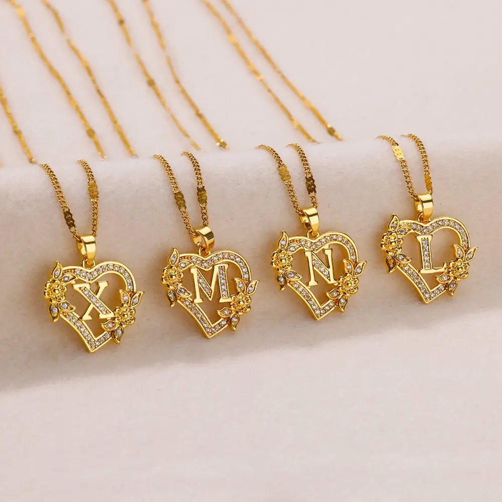 Colliers avec initiales de cœur et de fleur en Zircon pour femmes, en acier inoxydable, pour amoureux du cœur, couleur or, chaîne avec lettres, bijoux