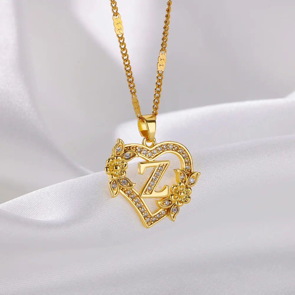 Colliers avec initiales de cœur et de fleur en Zircon pour femmes, en acier inoxydable, pour amoureux du cœur, couleur or, chaîne avec lettres, bijoux