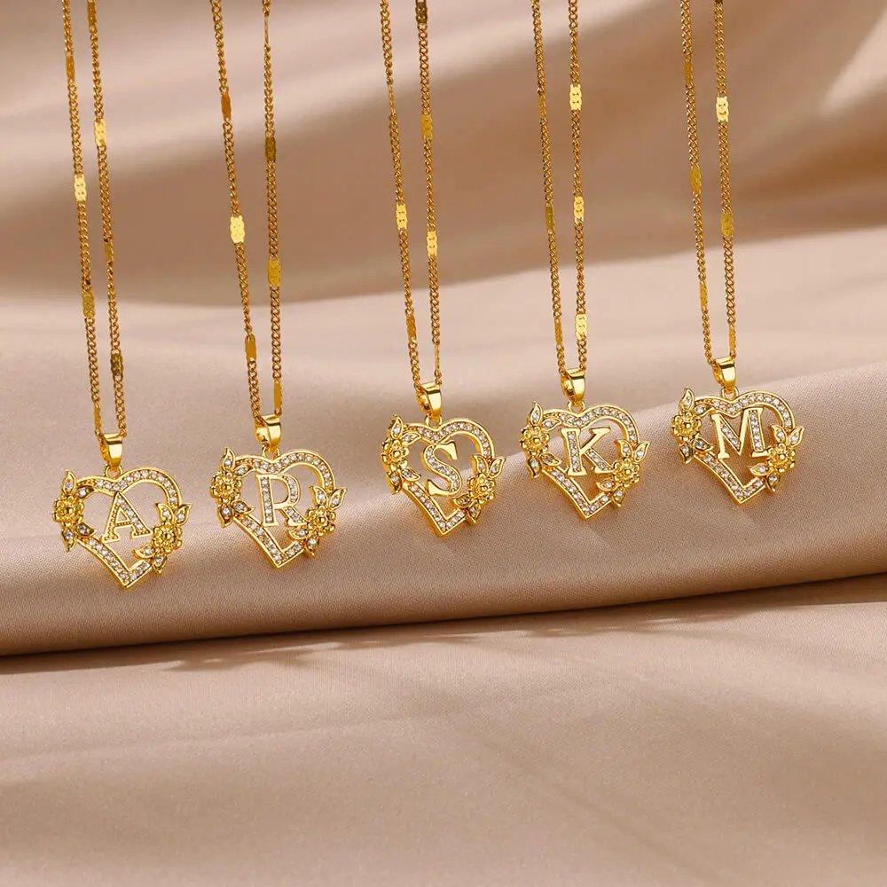 Colliers avec initiales de cœur et de fleur en Zircon pour femmes, en acier inoxydable, pour amoureux du cœur, couleur or, chaîne avec lettres, bijoux