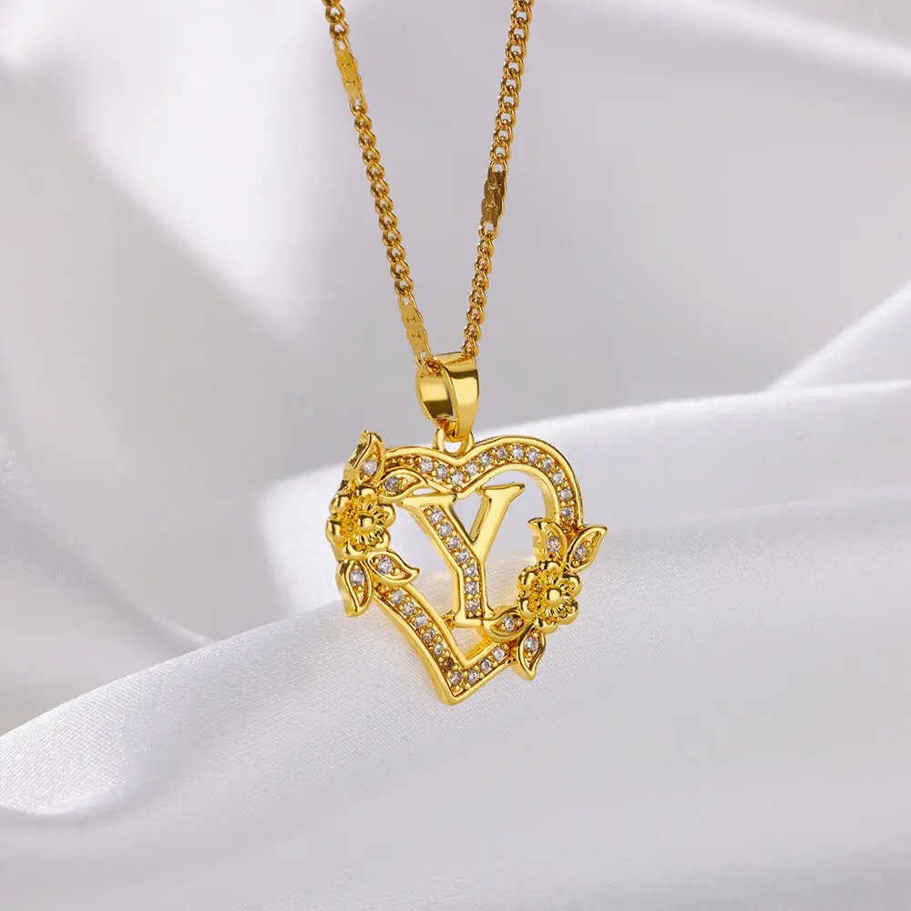 Colliers avec initiales de cœur et de fleur en Zircon pour femmes, en acier inoxydable, pour amoureux du cœur, couleur or, chaîne avec lettres, bijoux