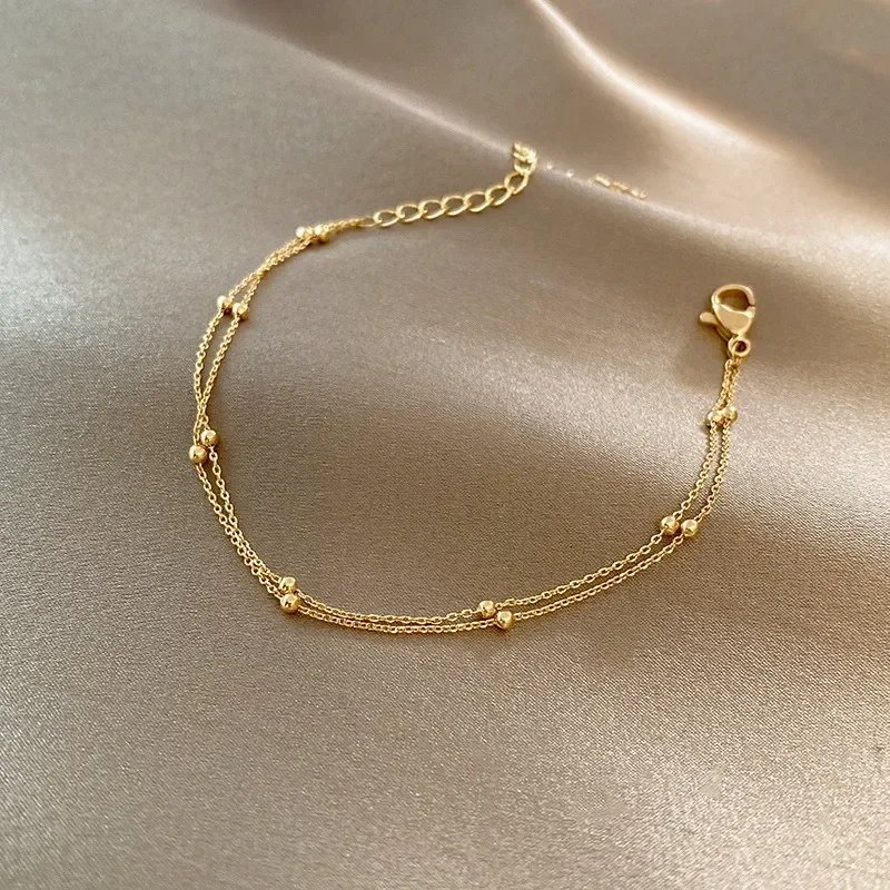 Bracelet Double couche en petites perles rondes pour femmes, tendance, chaîne de couleur or, Simple, boule, bijoux