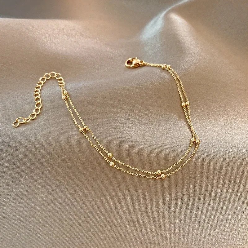 Bracelet Double couche en petites perles rondes pour femmes, tendance, chaîne de couleur or, Simple, boule, bijoux