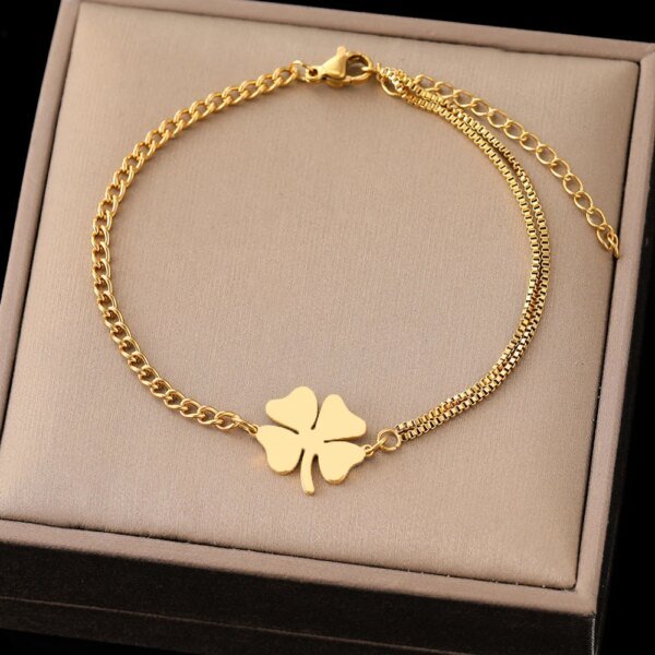 Bracelets en acier inoxydable, pendentif trèfles porte-bonheur – Image 2
