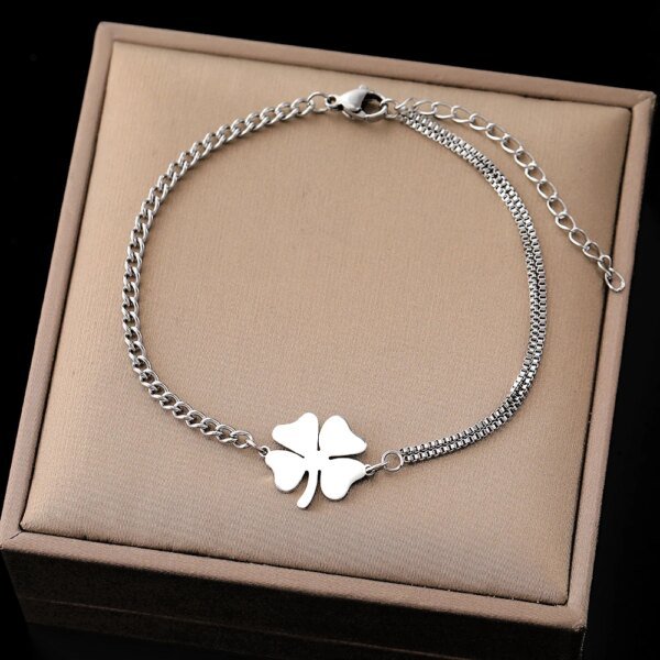 Bracelets en acier inoxydable, pendentif trèfles porte-bonheur – Image 3
