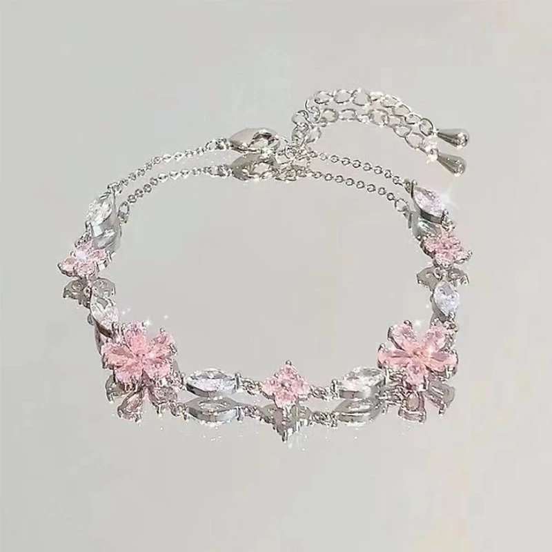 Bracelet amusant en acier pour femmes, en Zircon rose brillant, papillon, fleur de cerisier, chaîne à main pour filles, cadeau d'amitié, accessoires Y2k, nouvelle collection
