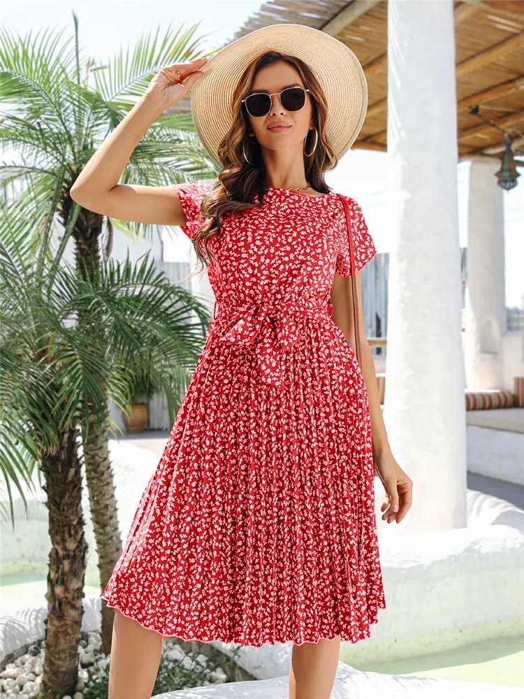 Msfilia été imprimé plissé une ligne longue robe femmes à manches courtes taille haute printemps col rond robe Chic avec ceinture