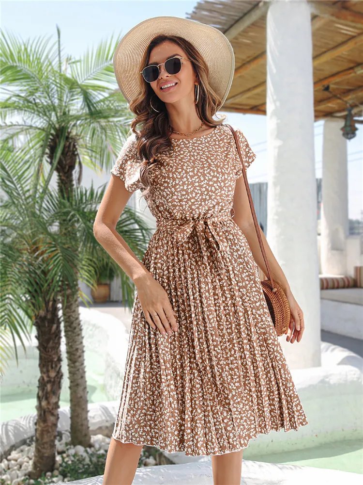Msfilia été imprimé plissé une ligne longue robe femmes à manches courtes taille haute printemps col rond robe Chic avec ceinture