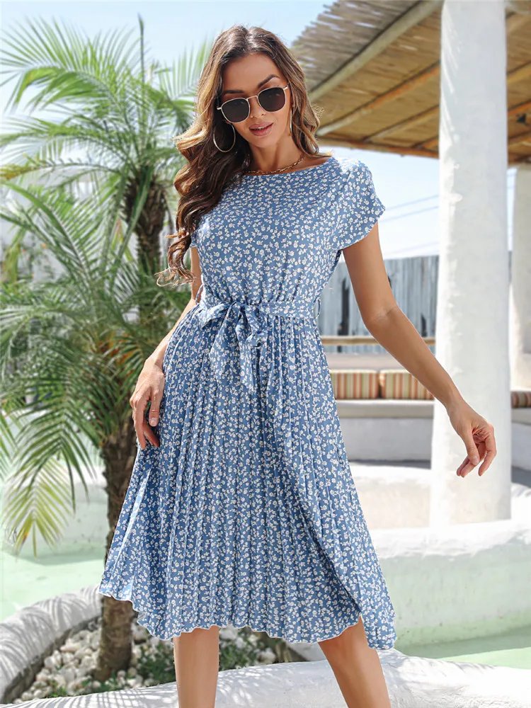 Msfilia été imprimé plissé une ligne longue robe femmes à manches courtes taille haute printemps col rond robe Chic avec ceinture