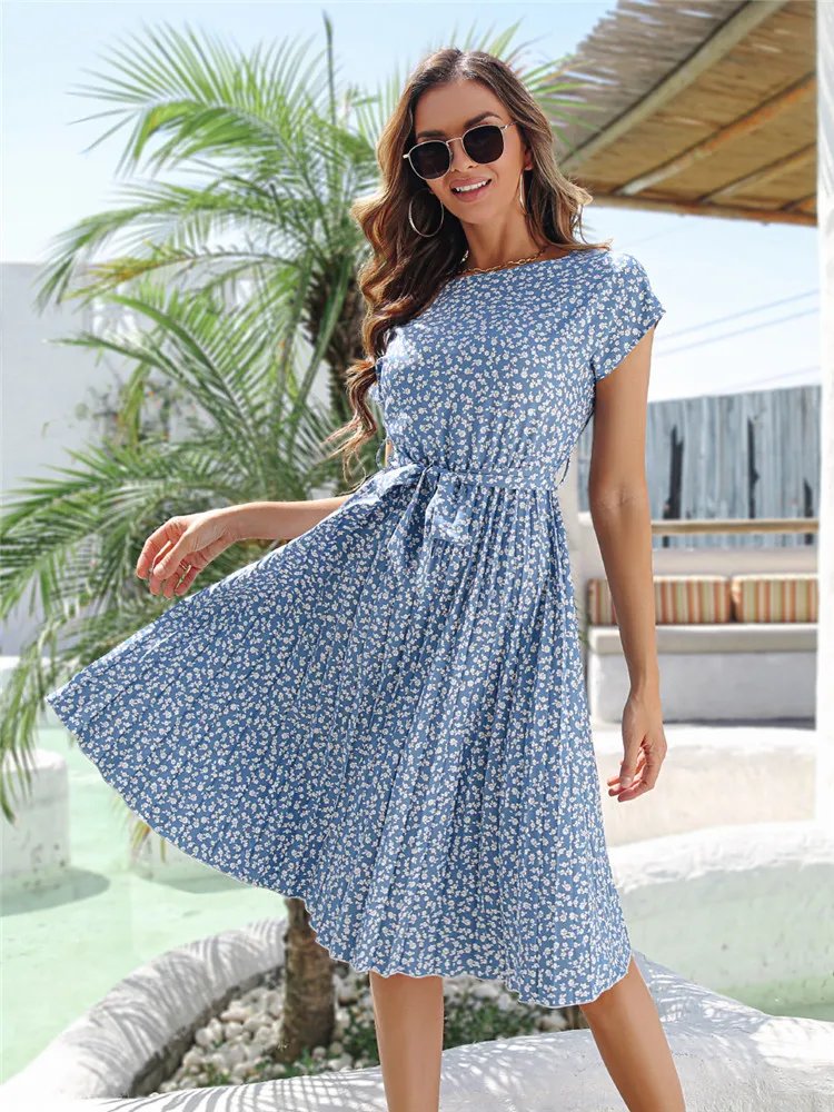 Msfilia été imprimé plissé une ligne longue robe femmes à manches courtes taille haute printemps col rond robe Chic avec ceinture