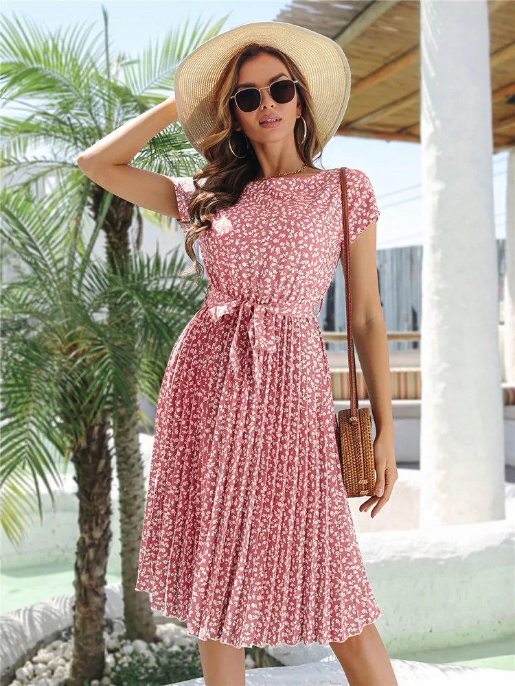 Msfilia été imprimé plissé une ligne longue robe femmes à manches courtes taille haute printemps col rond robe Chic avec ceinture