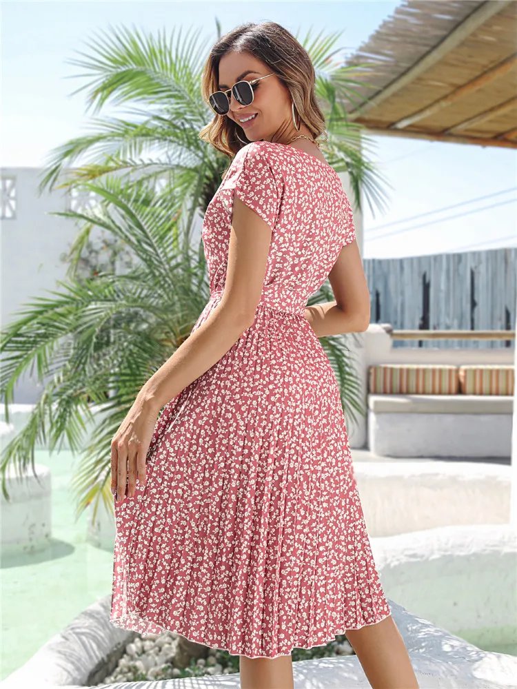 Msfilia été imprimé plissé une ligne longue robe femmes à manches courtes taille haute printemps col rond robe Chic avec ceinture