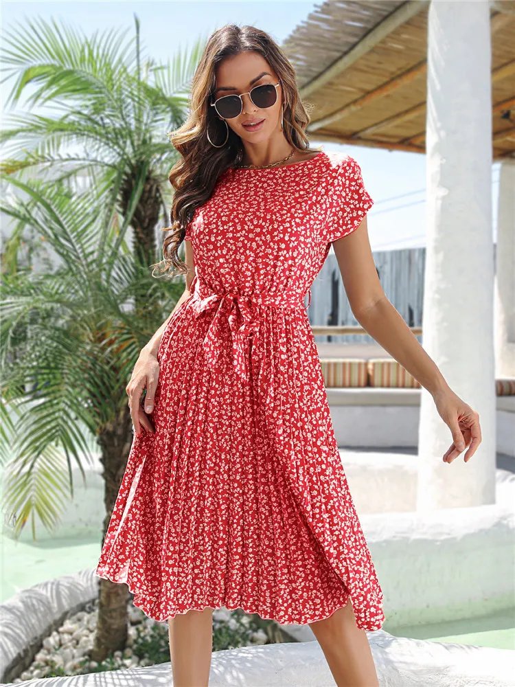 Msfilia été imprimé plissé une ligne longue robe femmes à manches courtes taille haute printemps col rond robe Chic avec ceinture