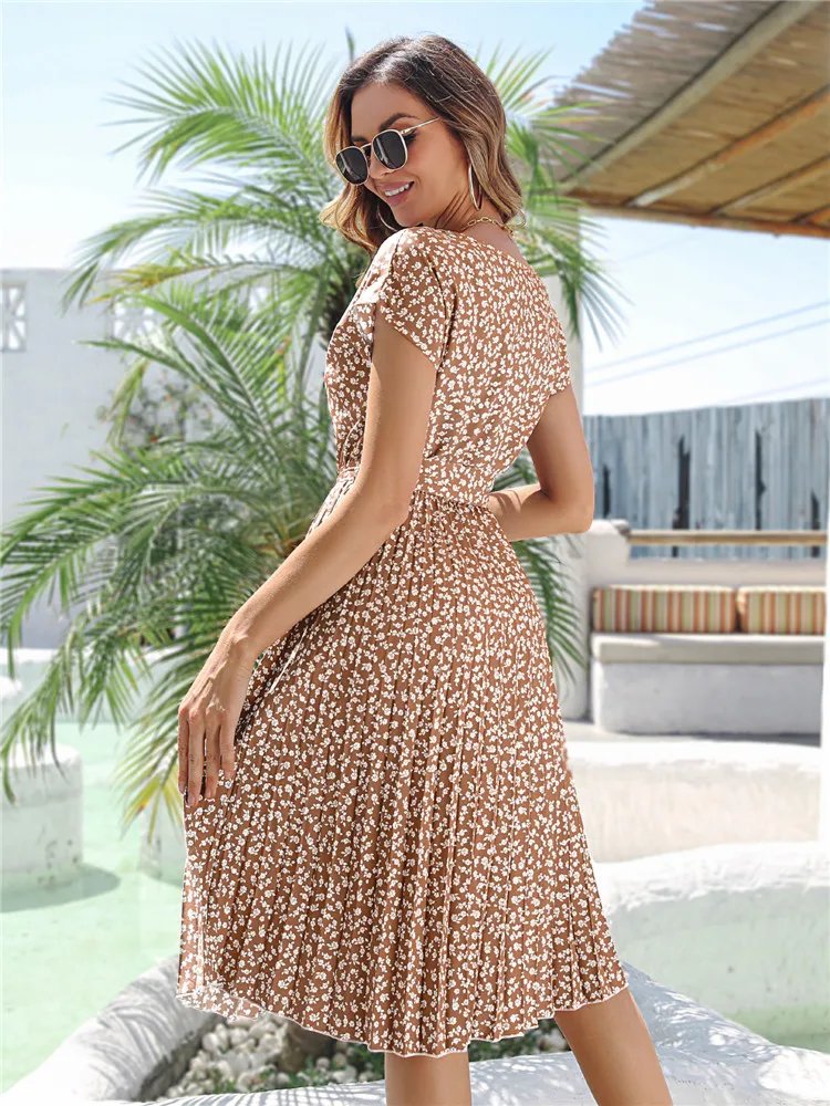 Msfilia été imprimé plissé une ligne longue robe femmes à manches courtes taille haute printemps col rond robe Chic avec ceinture