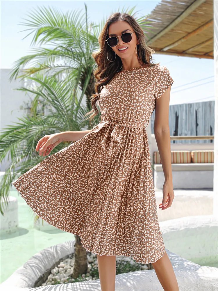 Msfilia été imprimé plissé une ligne longue robe femmes à manches courtes taille haute printemps col rond robe Chic avec ceinture