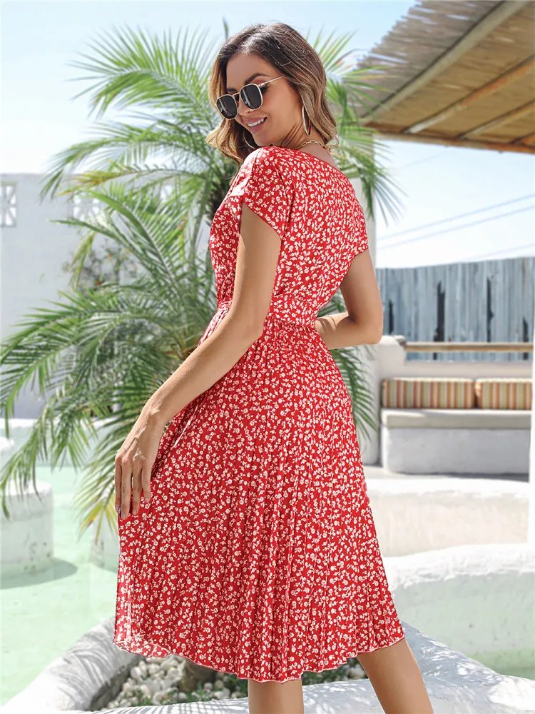 Msfilia été imprimé plissé une ligne longue robe femmes à manches courtes taille haute printemps col rond robe Chic avec ceinture