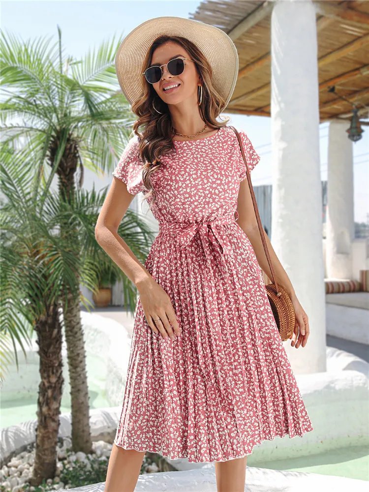 Msfilia été imprimé plissé une ligne longue robe femmes à manches courtes taille haute printemps col rond robe Chic avec ceinture