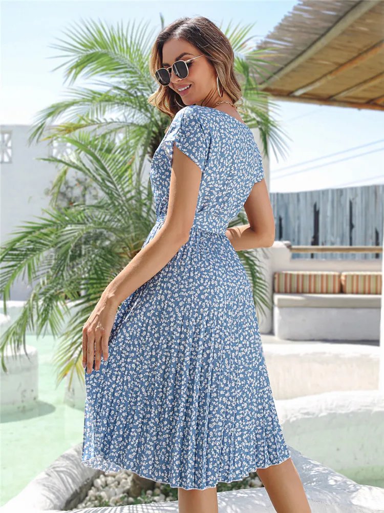Msfilia été imprimé plissé une ligne longue robe femmes à manches courtes taille haute printemps col rond robe Chic avec ceinture