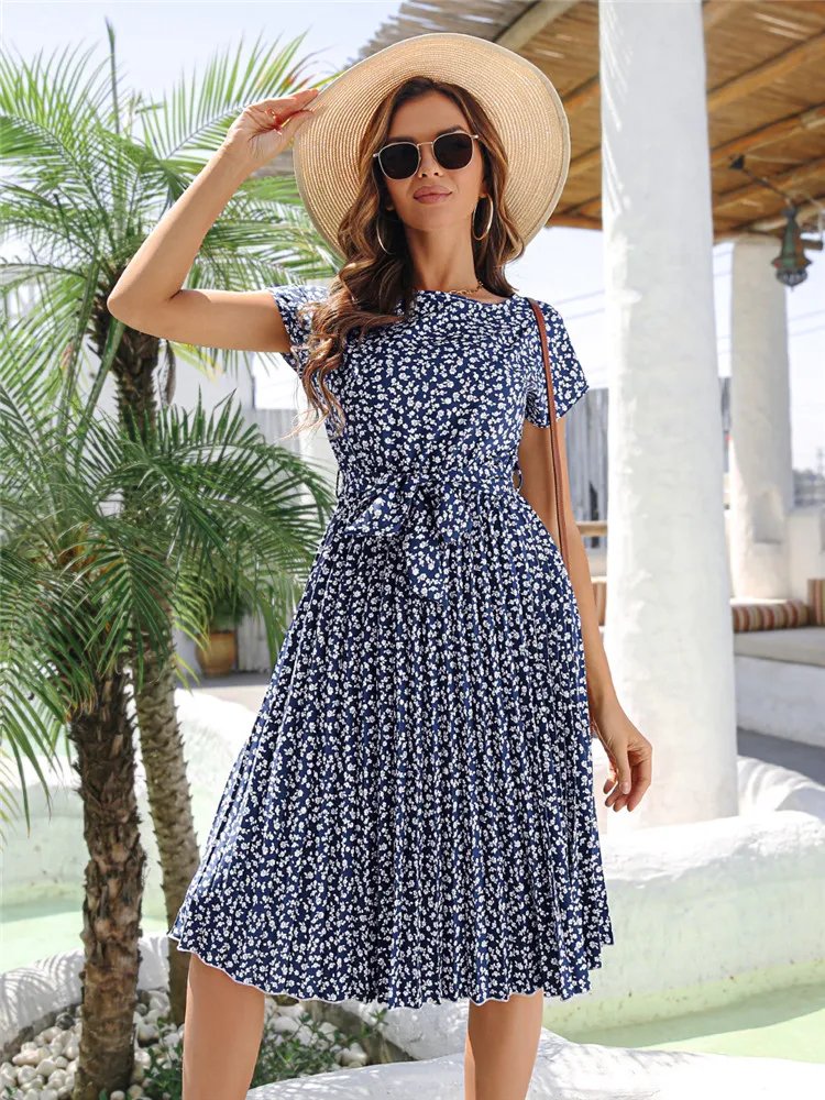 Msfilia été imprimé plissé une ligne longue robe femmes à manches courtes taille haute printemps col rond robe Chic avec ceinture