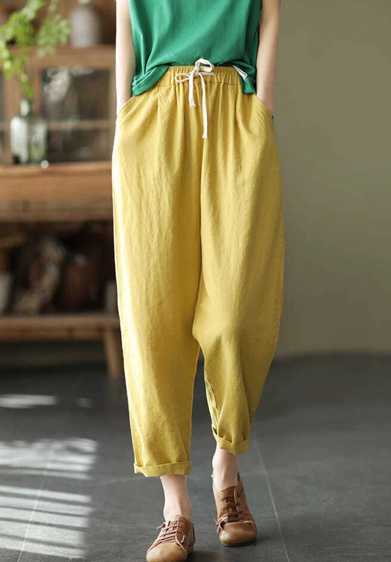 Pantalon ample et légé en coton et lin de couleur unie