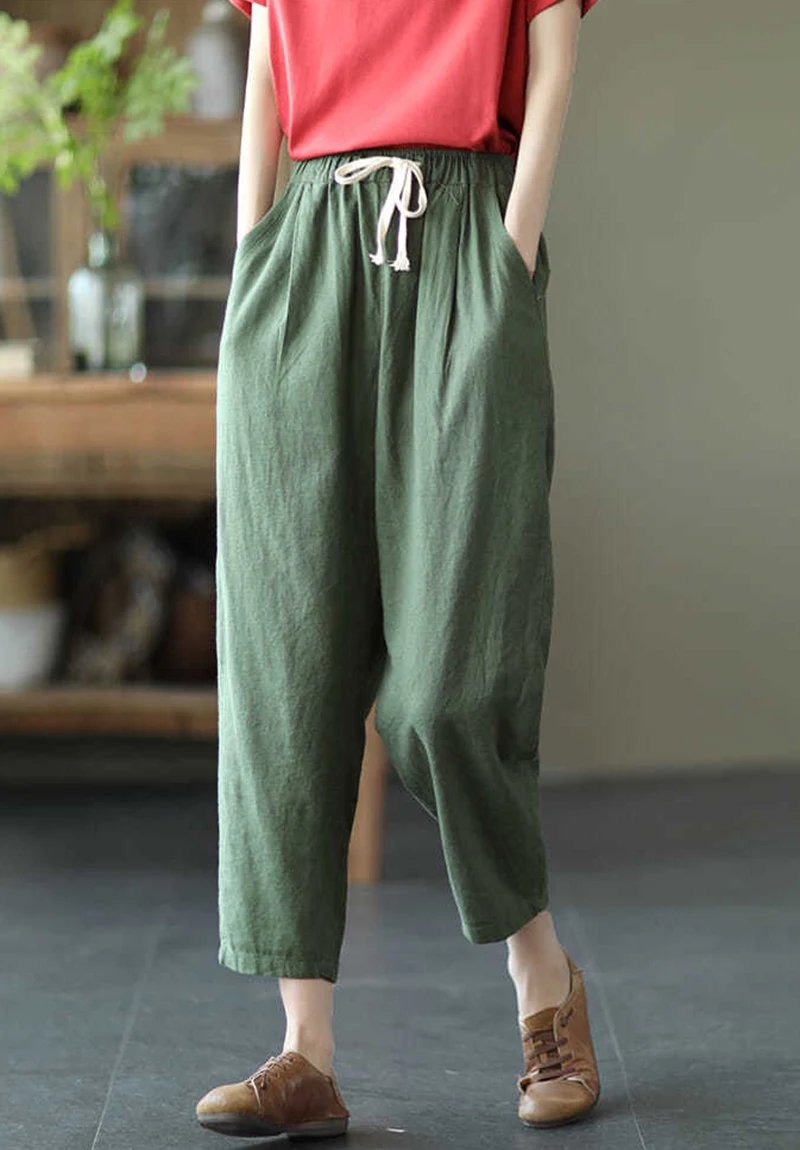 Pantalon ample et légé en coton et lin de couleur unie