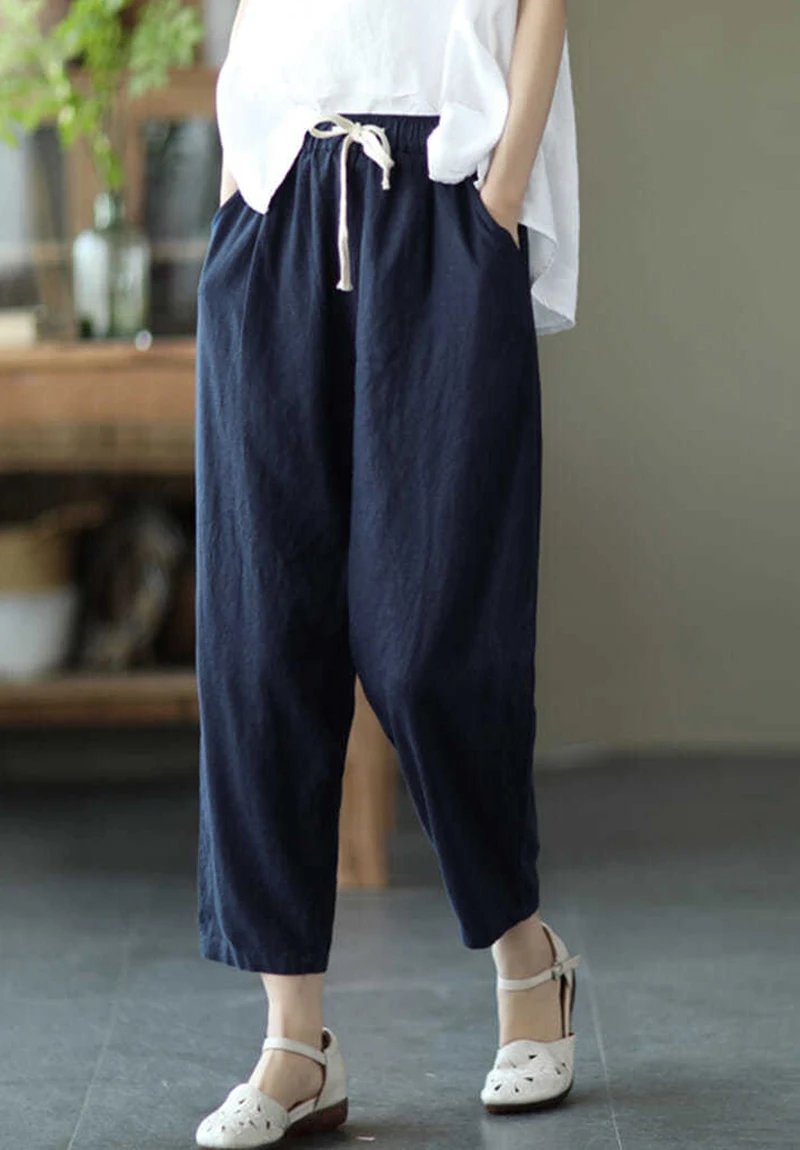 Pantalon ample et légé en coton et lin de couleur unie