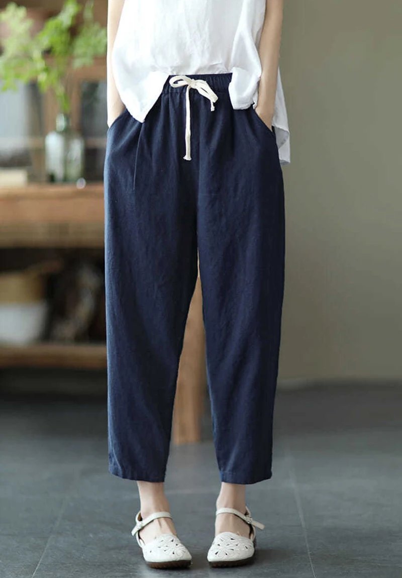 Pantalon ample et légé en coton et lin de couleur unie