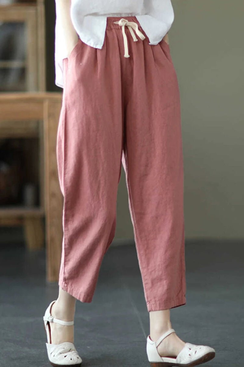 Pantalon ample et légé en coton et lin de couleur unie